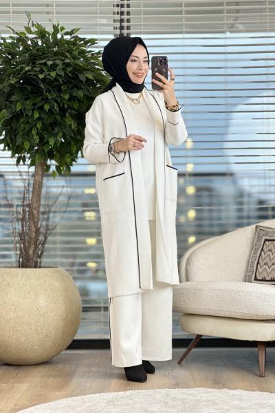 12023 Şal Yaka Şerit Detaylı 3lü Triko Pantolon Takım Ekru