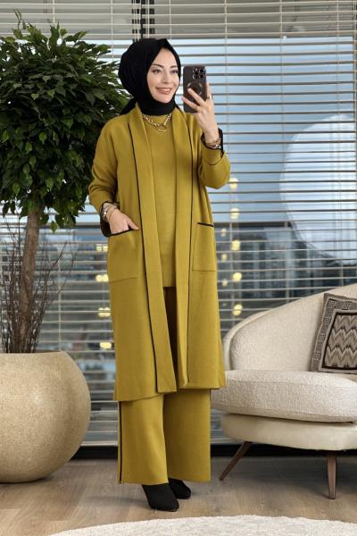 12023 Şal Yaka Şerit Detaylı 3lü Triko Pantolon Takım Yağ Yeşili