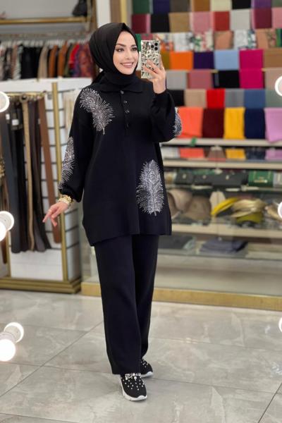 1220 Önü Ve Kolları Yaprak Taş Baskılı Triko Takım Siyah