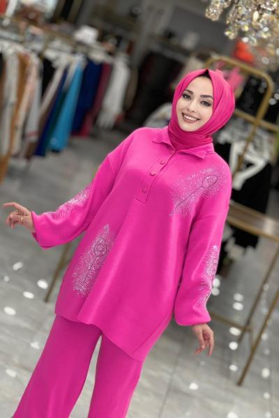 1220 Önü Ve Kolları Yaprak Taş Baskılı Triko Takım Fuşya