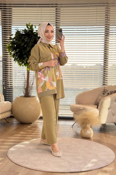 1226 Ön Ve Manşet Desen Parçalı Takım Haki
