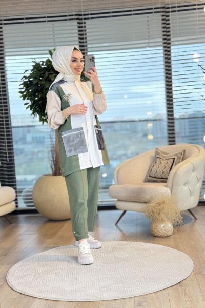 1229 Omuz Ve Cepleri File Detaylı Takım Haki