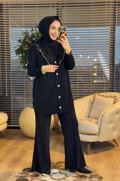 123 Yaka Kenarı Fırfır Detaylı V Yaka Hırka Siyah