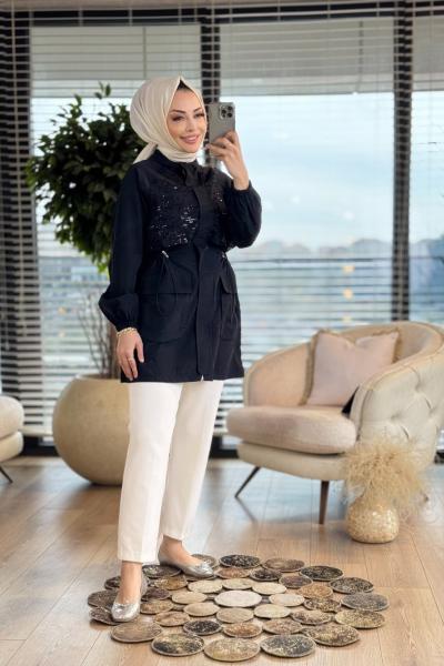 1234 Roba Şifon Parça Detaylı Kap Siyah