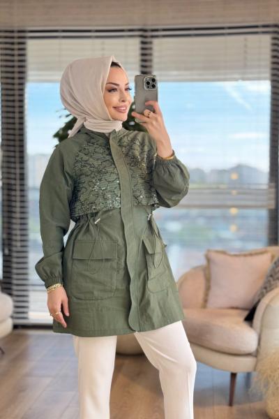 1234 Roba Şifon Parça Detaylı Kap Haki