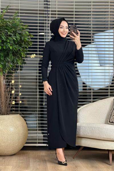 12416 Ön Kruvaze Pileli Elbise Siyah