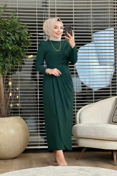 12416 Ön Kruvaze Pileli Elbise Zümrüt
