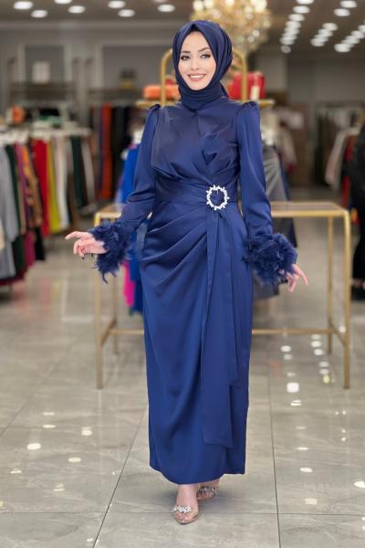 12417 Kolları Tüylü Abiye Elbise Lacivert