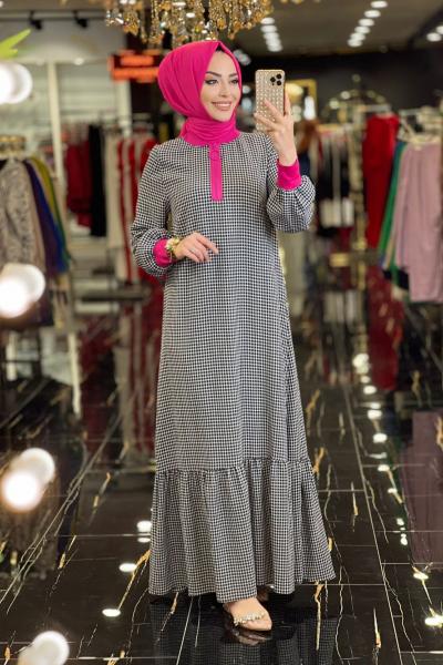 12428 Kareli Patı Fermuarlı Elbise Siyah Fuşya