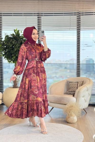 1243 Saten Desenli Eteği Fırfırlı Elbise Bordo