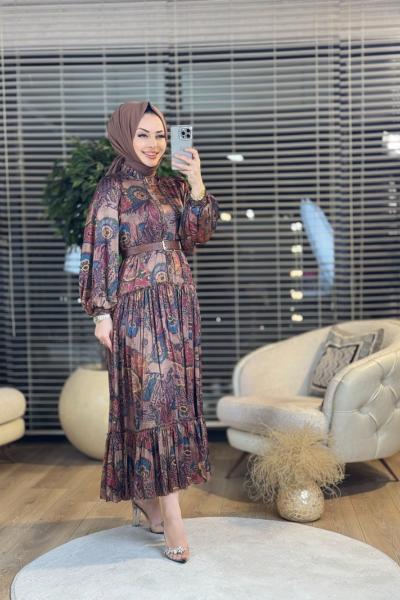 1243 Saten Desenli Eteği Fırfırlı Elbise Haki