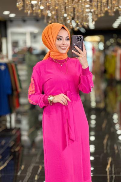 12450 Etek Ucu Ve Kolu Zebra Desen Elbise Fuşya