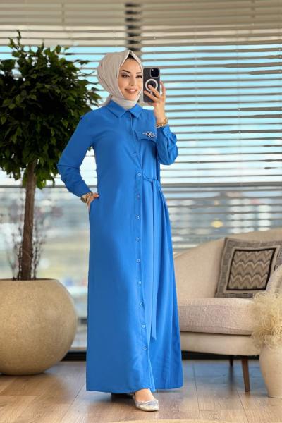 12504 Yand.Bağlamalı Cep Kapağı Taş İşlemeli Elbise Saks