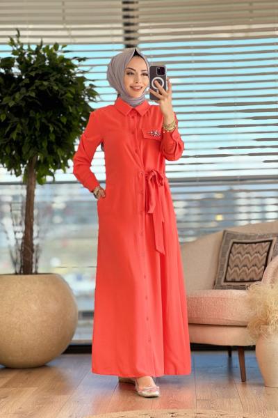 12504 Yand.Bağlamalı Cep Kapağı Taş İşlemeli Elbise Mercan