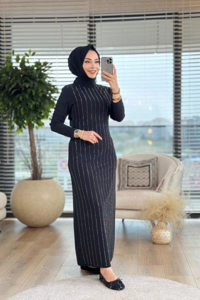 12518 Boyuna Taş Baskı Elbise Siyah