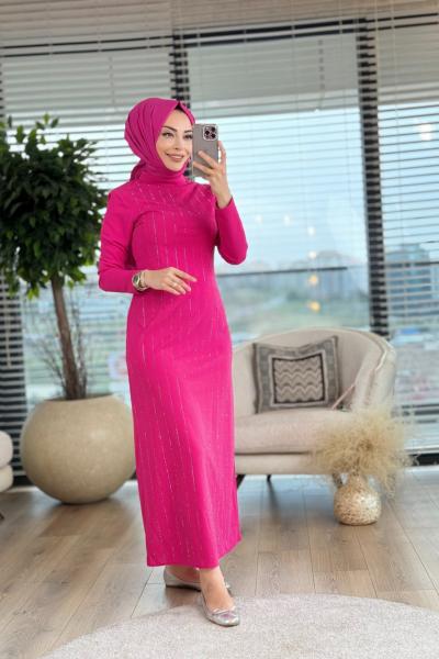 12518 Boyuna Taş Baskı Elbise Fuşya