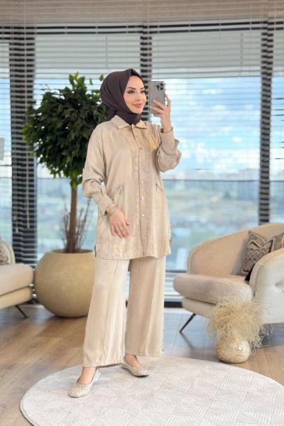 1253 Patı Ve Kolu Kendinden Desenli Takım Bej