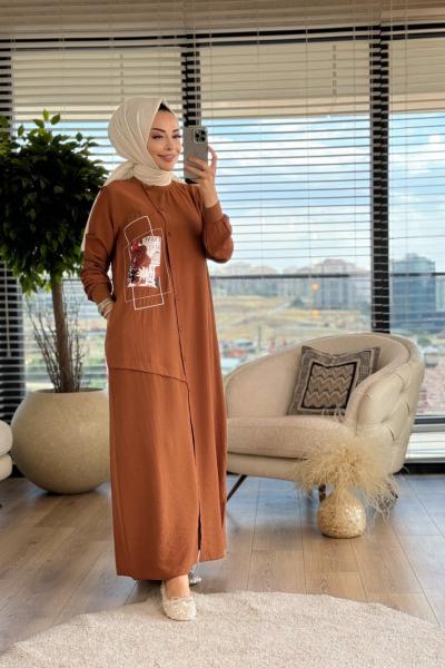 12533 Desen Parçalı Düğmeli Elbise Kahve