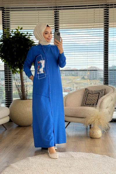 12533 Desen Parçalı Düğmeli Elbise Saks