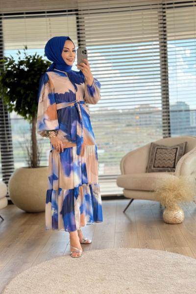 12540 Şifon Batik Desenli Ön Düğmeli Elbise Saks