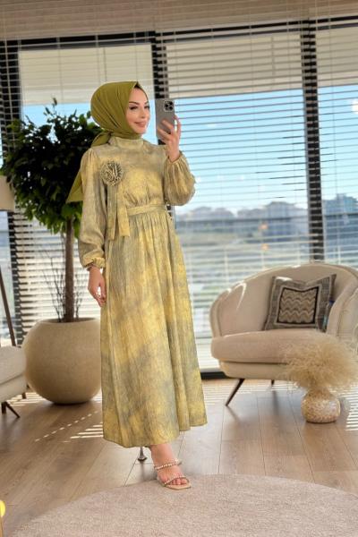 12545 Batik Desen Çiçek Broşlu Elbise Asit