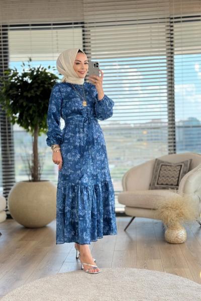 12546 Saten Kendinden Çiçek Desenli Elbise Lacivert