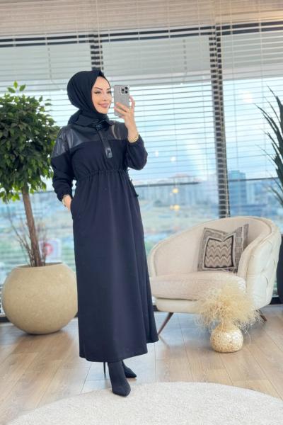 12553 Omuz Ve Patı Derili Elbise Siyah