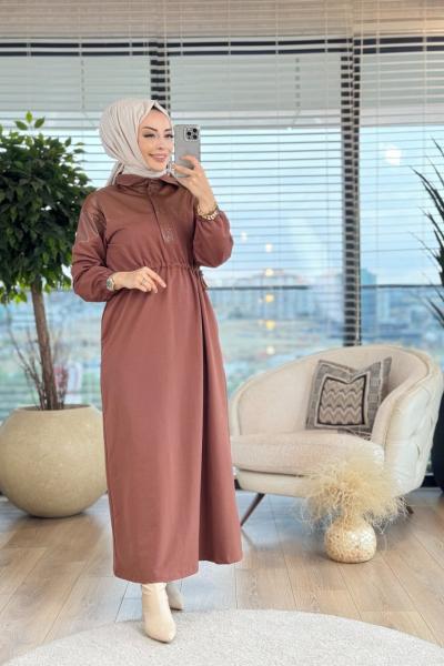 10553 Omuz Ve Patı Derili Elbise Kahve
