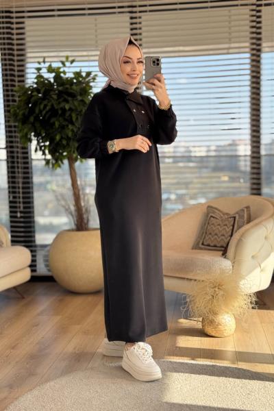 12593 Patı İki Sıra Çıtçıtlı Elbise Siyah