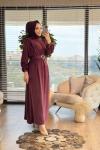 12598 Kemerli Uzun Elbise Bordo