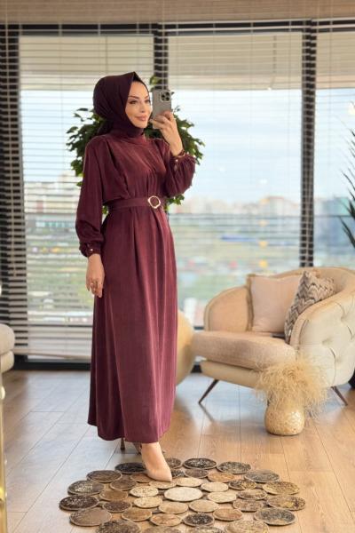 12598 Kemerli Uzun Elbise Bordo