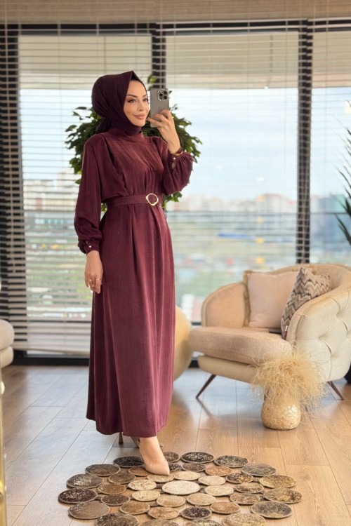 12598 Kemerli Uzun Elbise Bordo