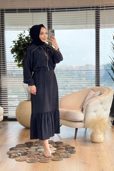 12599 Elbise Üstü Kısa Fermuarlı Ceket 2li Takım Siyah