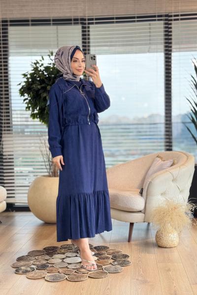 12599 Elbise Üstü Kısa Fermuarlı Ceket 2li Takım Lacivert