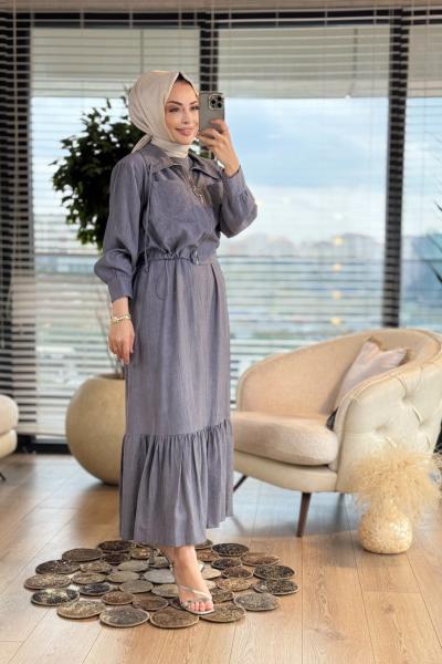 12599 Elbise Üstü Kısa Fermuarlı Ceket 2li Takım Antrasit