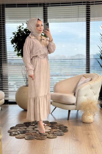 12599 Elbise Üstü Kısa Fermuarlı Ceket 2li Takım Bej