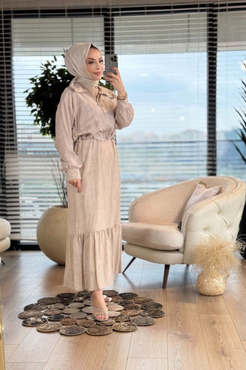 12599 Elbise Üstü Kısa Fermuarlı Ceket 2li Takım Bej