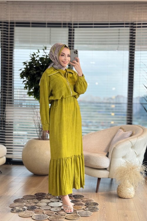 12599 Elbise Üstü Kısa Fermuarlı Ceket 2li Takım Yağ Yeşili