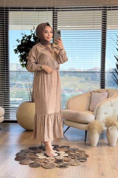 12599 Elbise Üstü Kısa Fermuarlı Ceket 2li Takım Vizon