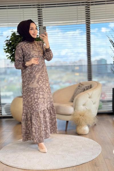 12604 Desenli Yaka Manşet Ribanalı Elbise Kahve