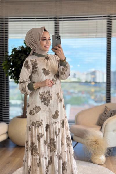 12605 Şifon Üstü Batik Desenli Elbise Haki
