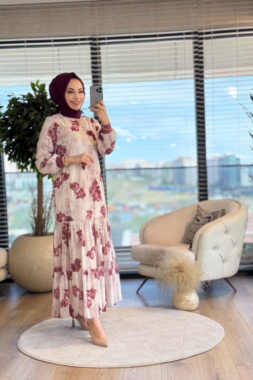 12605 Şifon Üstü Batik Desenli Elbise Gül