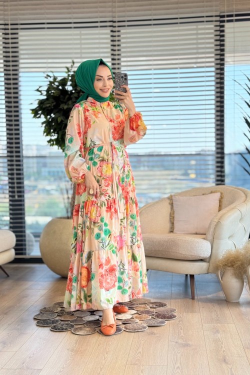 12635 Suluboya Çiçek Baskılı Elbise Bej Oranj