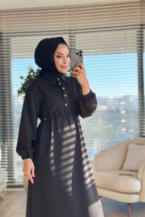 12655 Patı Çıtçıtlı Beli Büzgülü Elbise Siyah