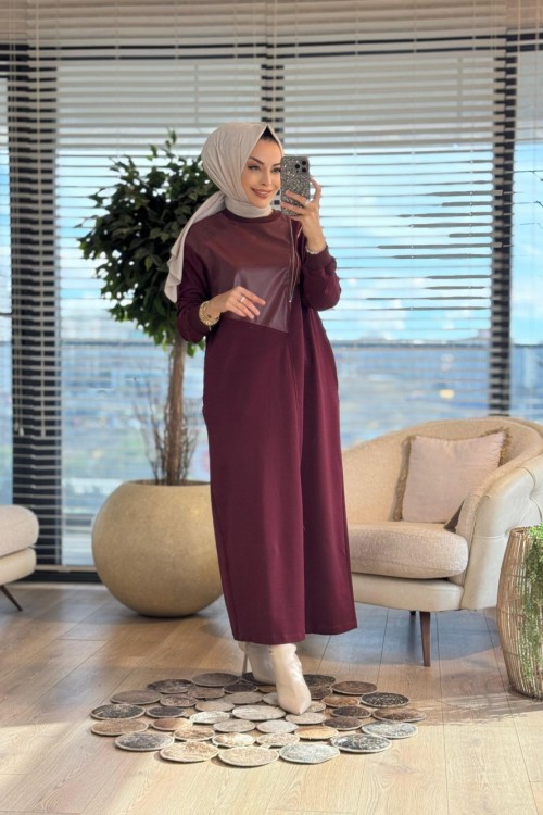 12656 Deri Parçalı Fermuar Detaylı Elbise Bordo