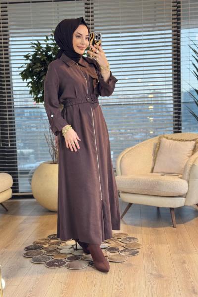 12667 Önü Fermuarlı Tek Cepli Elbise Kahve