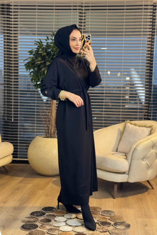 12671 Sol Kolu Çıtçıtlı Elbise Siyah