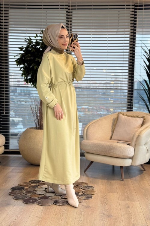 12671 Sol Kolu Çıtçıtlı Elbise Yağ Yeşili