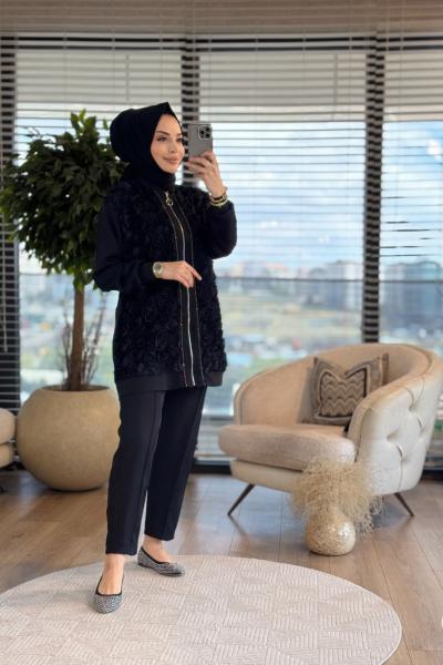 1268 Ön Tül Çiçek Detaylı Fermuarlı Takım Siyah