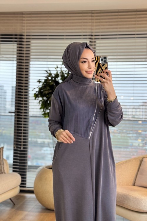 12686 Önü Fermuar Detaylı Elbise Antrasit